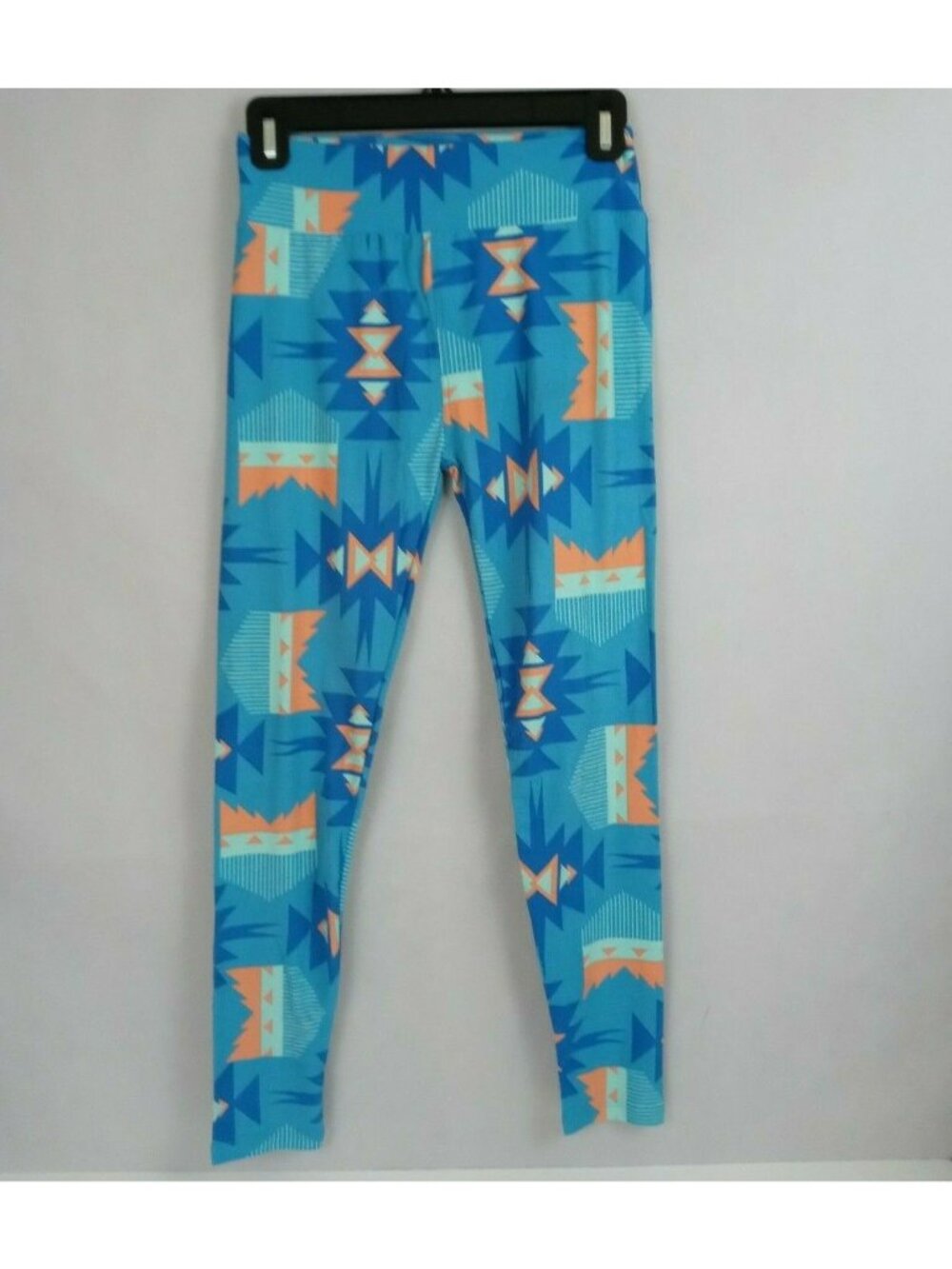 New LuLaRoe One Size Leggings Blue & Peach With Aztec Design